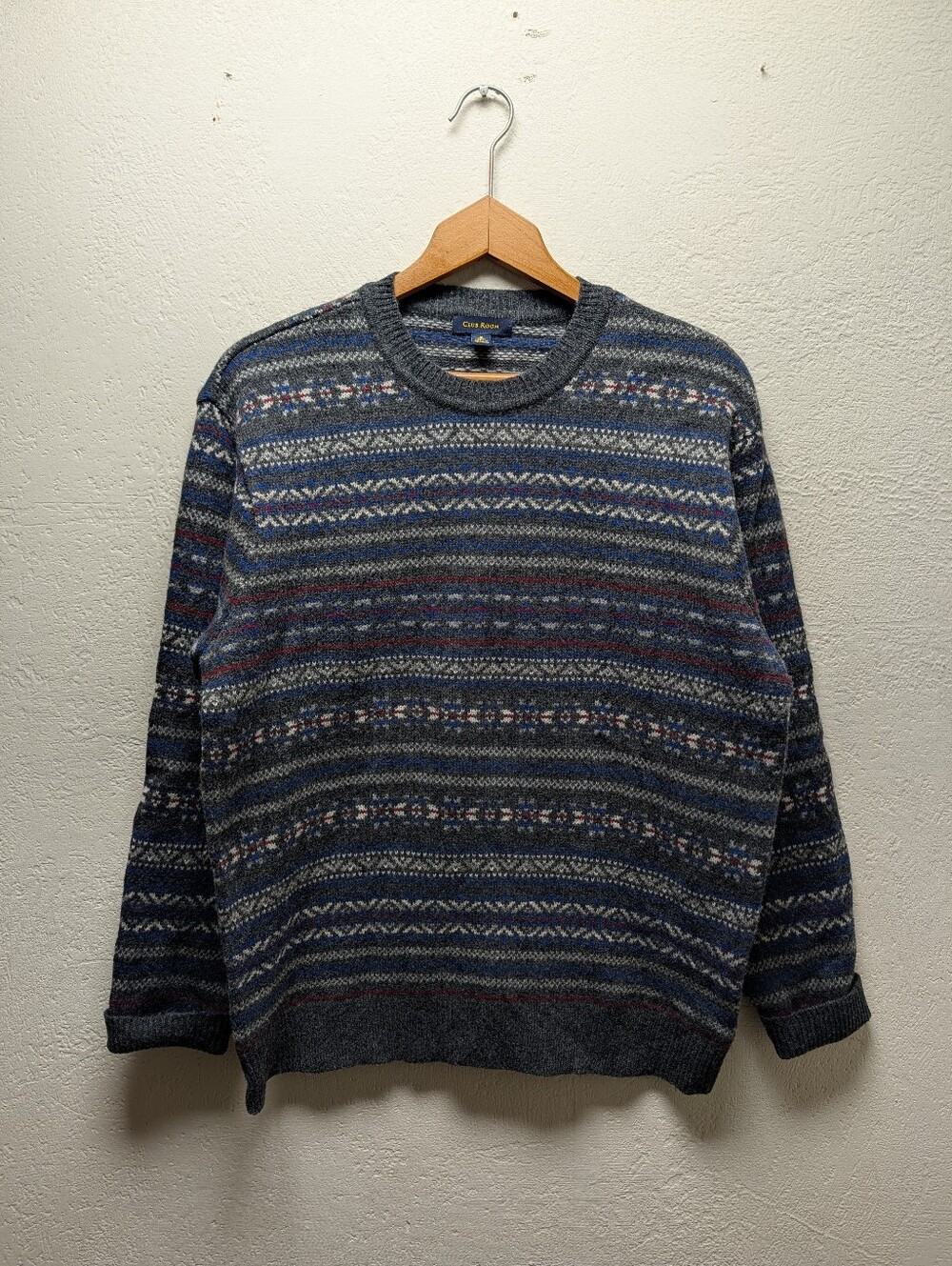 Club Room Fair Isle Wool Knit Crewneck Pullover Sweater Men M Gray Blue Red